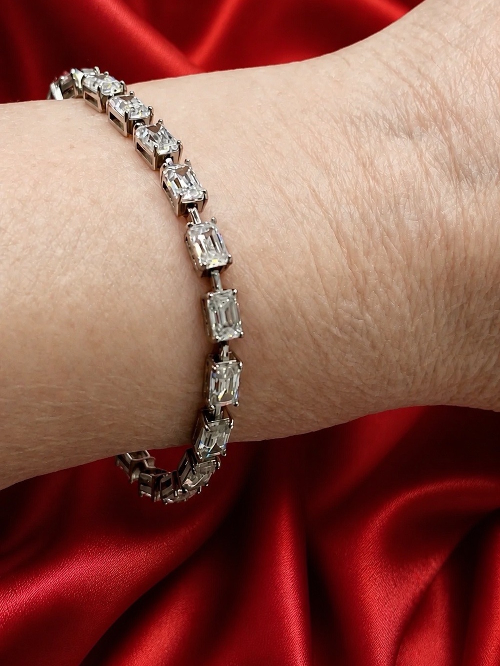 AAA Moissanite Emerald-Cut VVSI tennis bracelet. Rhodium over S925. Custom made.